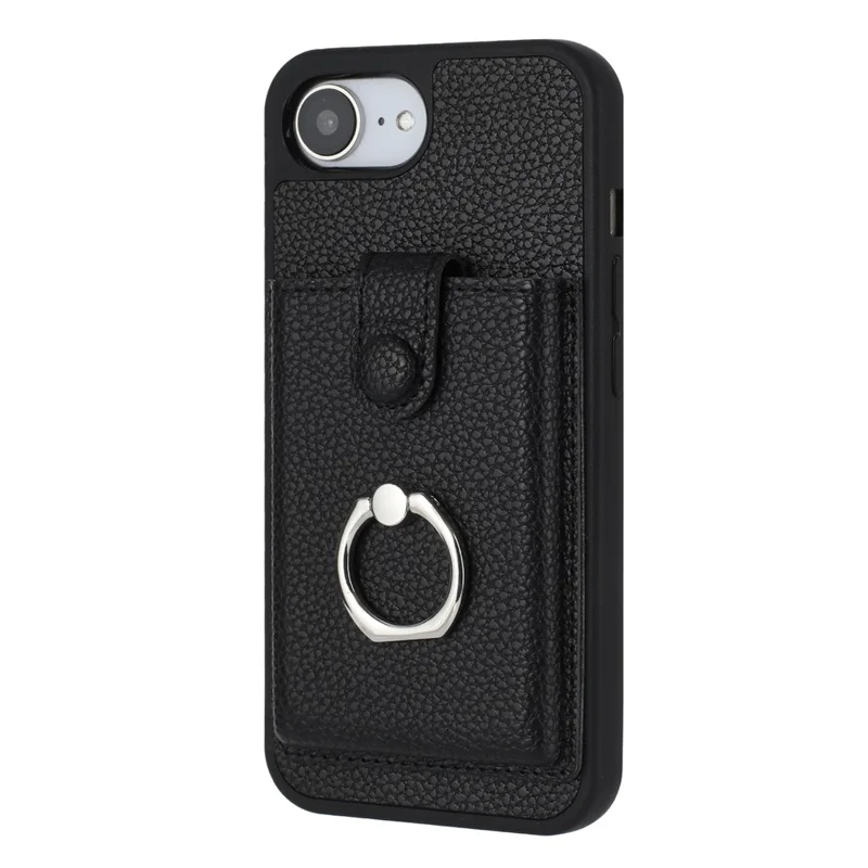 For iPhone 16e Case with Ring Kickstand Drawing Type Card Slots Leather Back Cover - Black