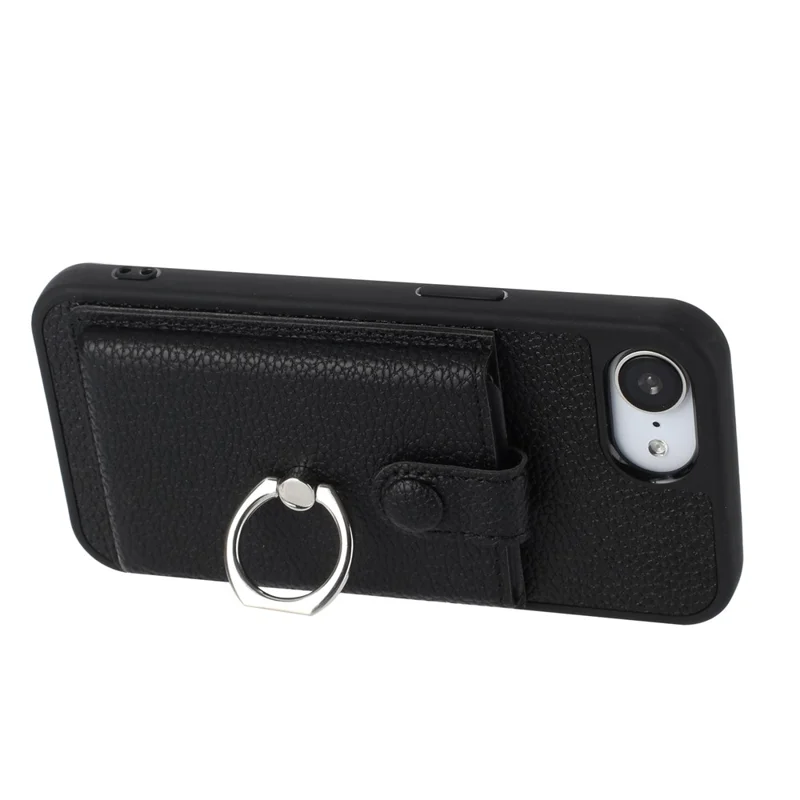 For iPhone 16e Case with Ring Kickstand Drawing Type Card Slots Leather Back Cover - Black