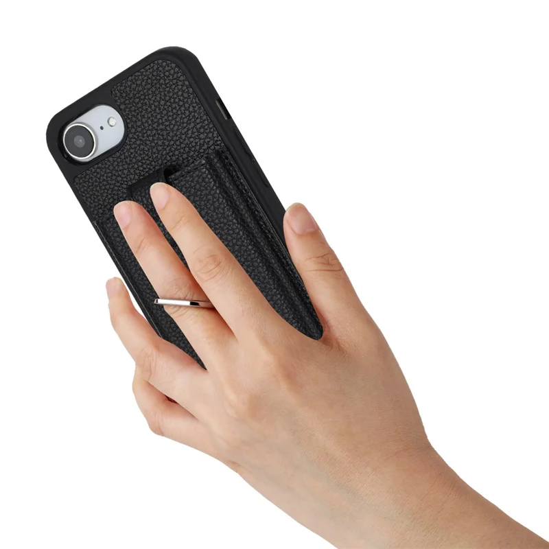 For iPhone 16e Case with Ring Kickstand Drawing Type Card Slots Leather Back Cover - Black