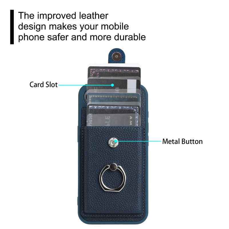 For iPhone 16e Case with Ring Kickstand Drawing Type Card Slots Leather Back Cover - Black