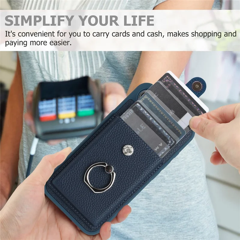 For iPhone 16e Case with Ring Kickstand Drawing Type Card Slots Leather Back Cover - Black