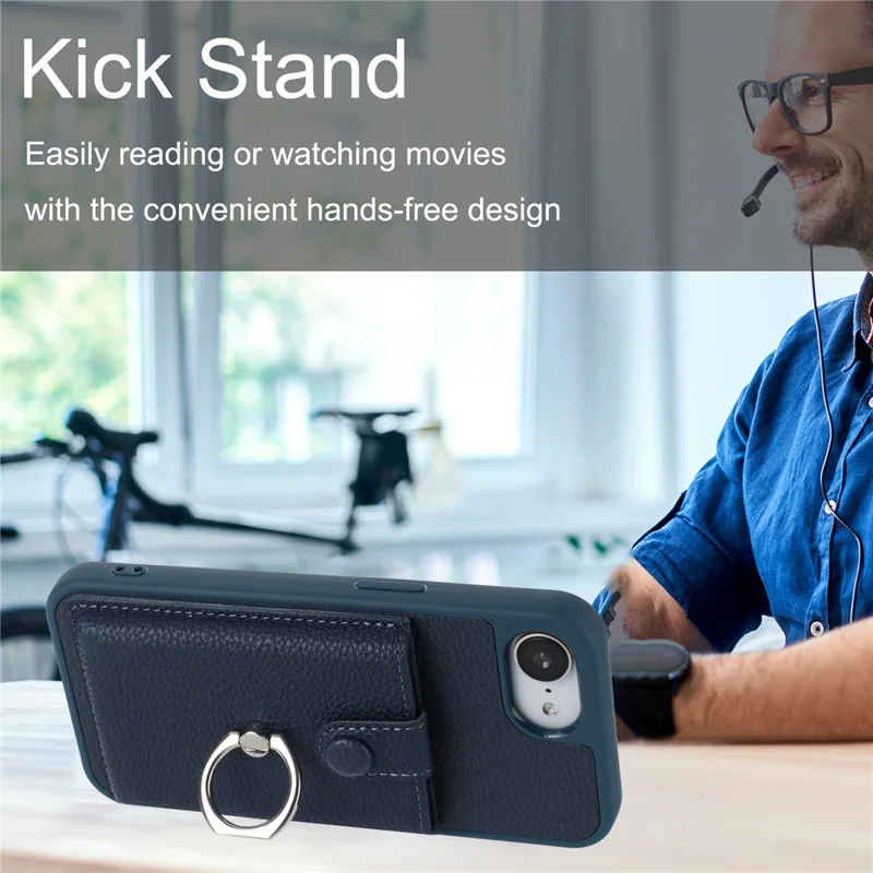 For iPhone 16e Case with Ring Kickstand Drawing Type Card Slots Leather Back Cover - Black