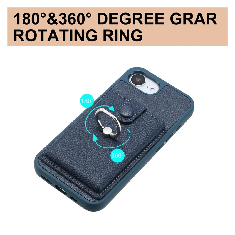 For iPhone 16e Case with Ring Kickstand Drawing Type Card Slots Leather Back Cover - Black