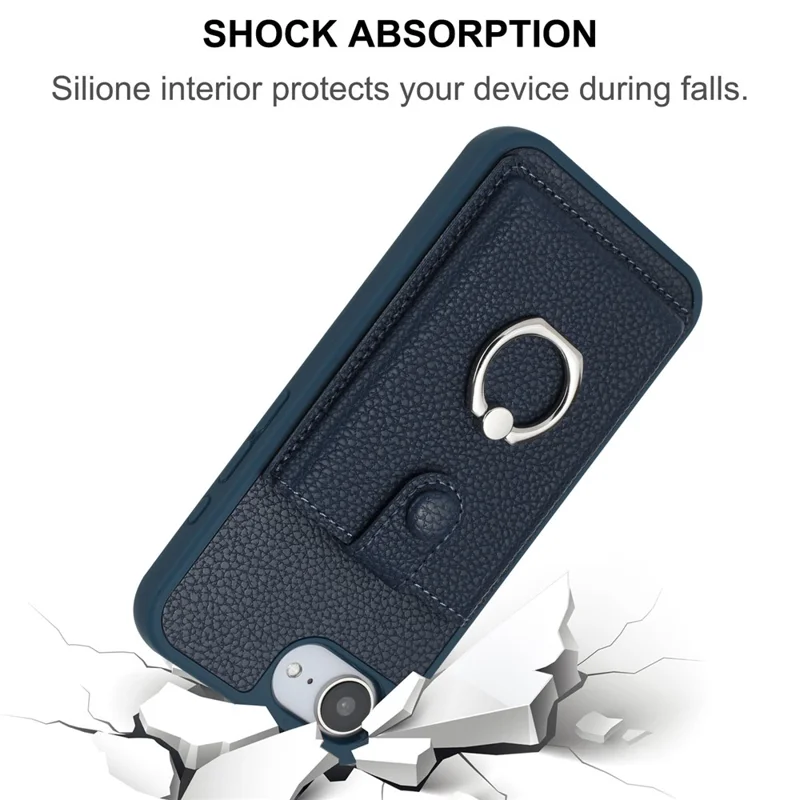 For iPhone 16e Case with Ring Kickstand Drawing Type Card Slots Leather Back Cover - Black