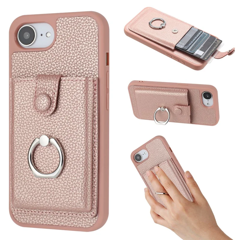 For iPhone 17e / 16e Case with Ring Kickstand Drawing Type Card Slots Leather Back Cover - Rose Gold