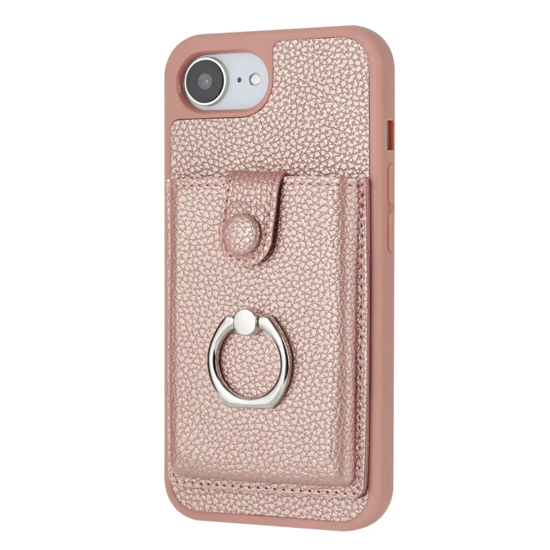 For iPhone 17e / 16e Case with Ring Kickstand Drawing Type Card Slots Leather Back Cover - Rose Gold