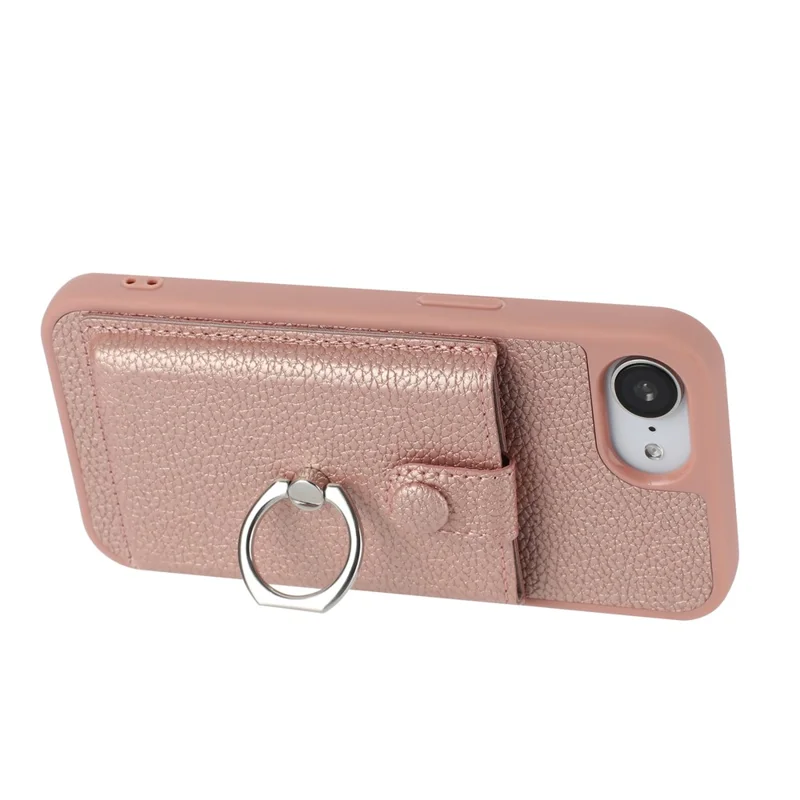 For iPhone 17e / 16e Case with Ring Kickstand Drawing Type Card Slots Leather Back Cover - Rose Gold