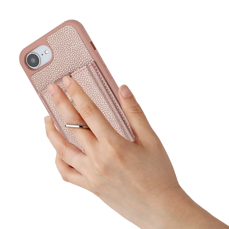 For iPhone 17e / 16e Case with Ring Kickstand Drawing Type Card Slots Leather Back Cover - Rose Gold