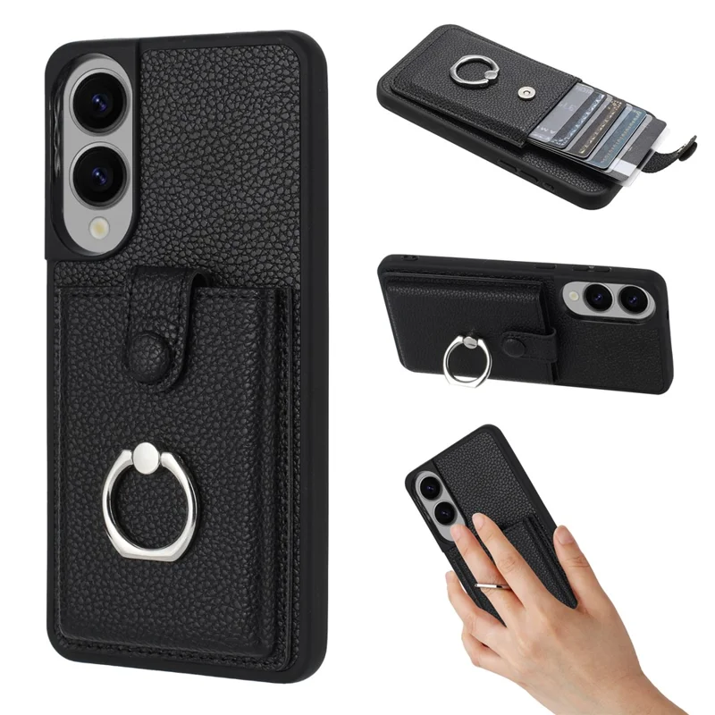 For Samsung Galaxy S25 Edge Case with Ring Kickstand Drawing Type Card Slots Leather Back Cover - Black
