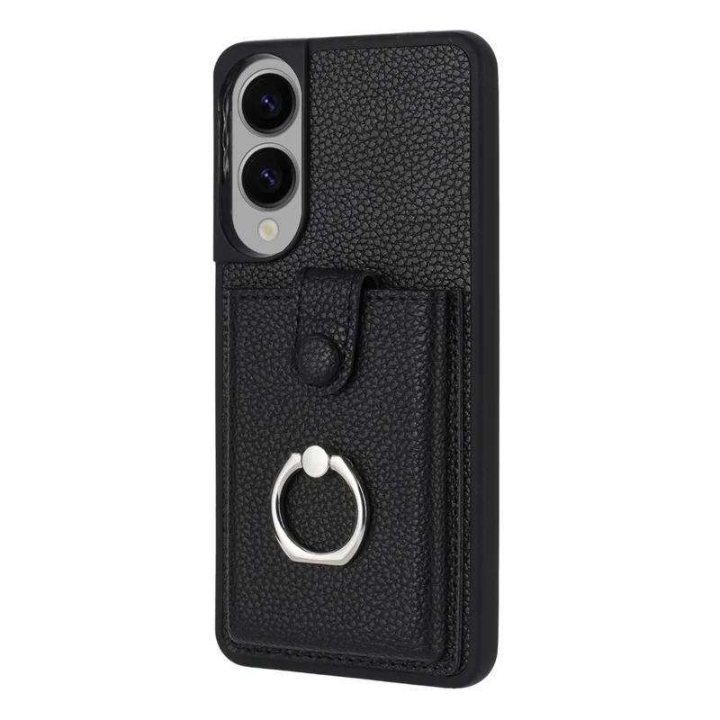 For Samsung Galaxy S25 Edge Case with Ring Kickstand Drawing Type Card Slots Leather Back Cover - Black