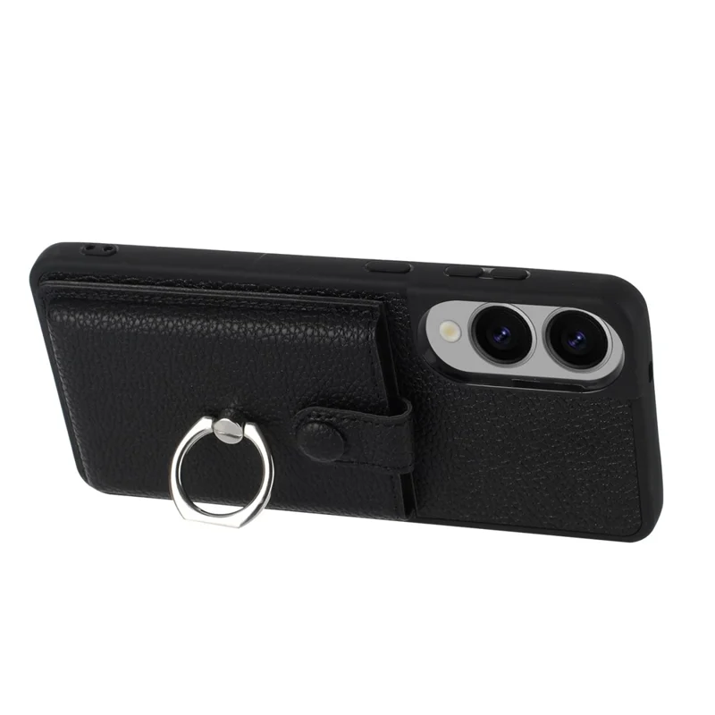 For Samsung Galaxy S25 Edge Case with Ring Kickstand Drawing Type Card Slots Leather Back Cover - Black