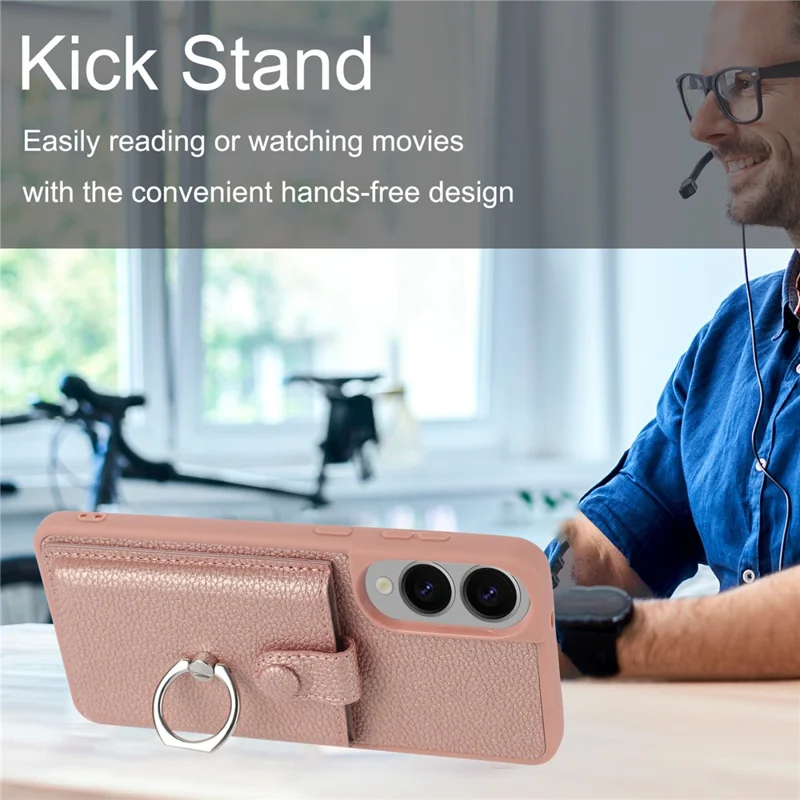 For Samsung Galaxy S25 Edge Case with Ring Kickstand Drawing Type Card Slots Leather Back Cover - Black