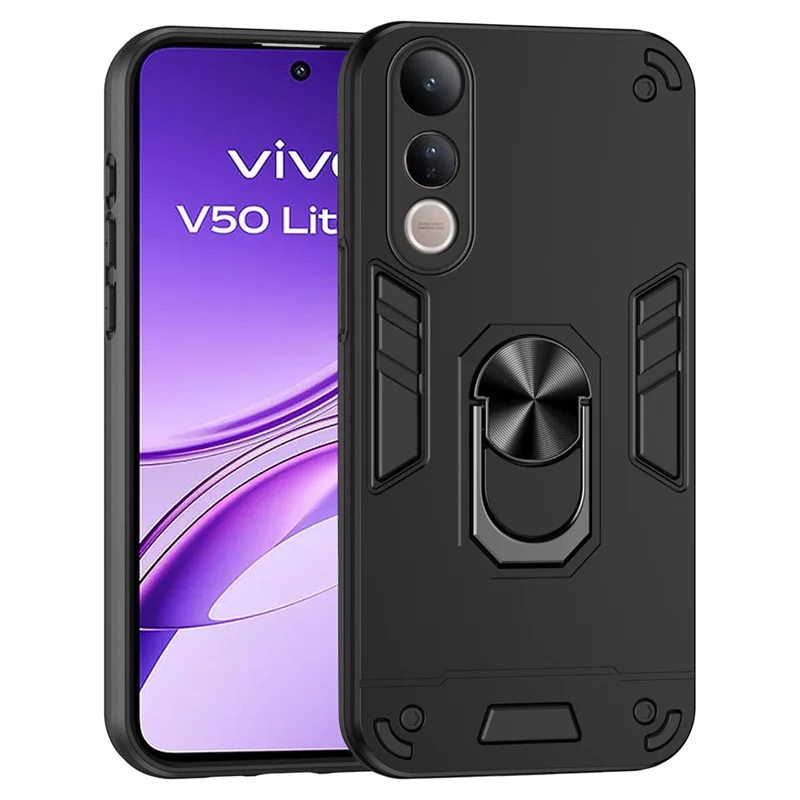 Чехол для vivo V50 Lite 4G из ПК + TPU с противоударной защитой и кольцом-подставкой - Черный