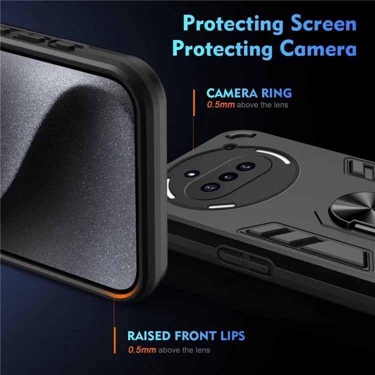 For Nothing Phone (3a) Case PC + TPU Drop Defend Phone Cover with Ring Kickstand - Black