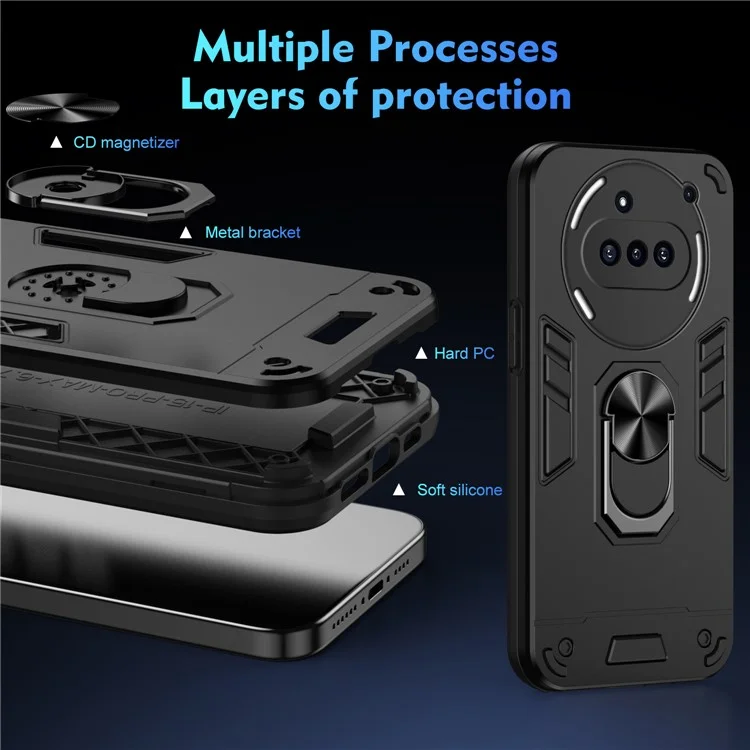 For Nothing Phone (3a) Case PC + TPU Drop Defend Phone Cover with Ring Kickstand - Black