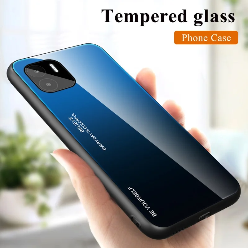 Coque de téléphone avec verre trempé coloris dégradé pour Xiaomi Redmi A1 4G / A2 4G, bordure souple en TPU, dos en PC, finition tactile délicate - Cyan / Bleu