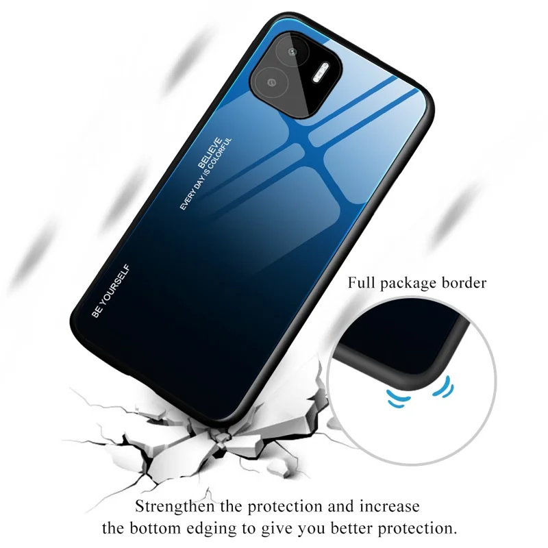 Coque de téléphone avec verre trempé coloris dégradé pour Xiaomi Redmi A1 4G / A2 4G, bordure souple en TPU, dos en PC, finition tactile délicate - Cyan / Bleu