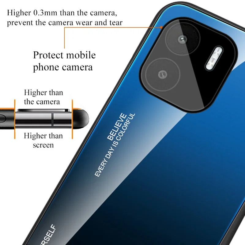 Coque de téléphone avec verre trempé coloris dégradé pour Xiaomi Redmi A1 4G / A2 4G, bordure souple en TPU, dos en PC, finition tactile délicate - Cyan / Bleu