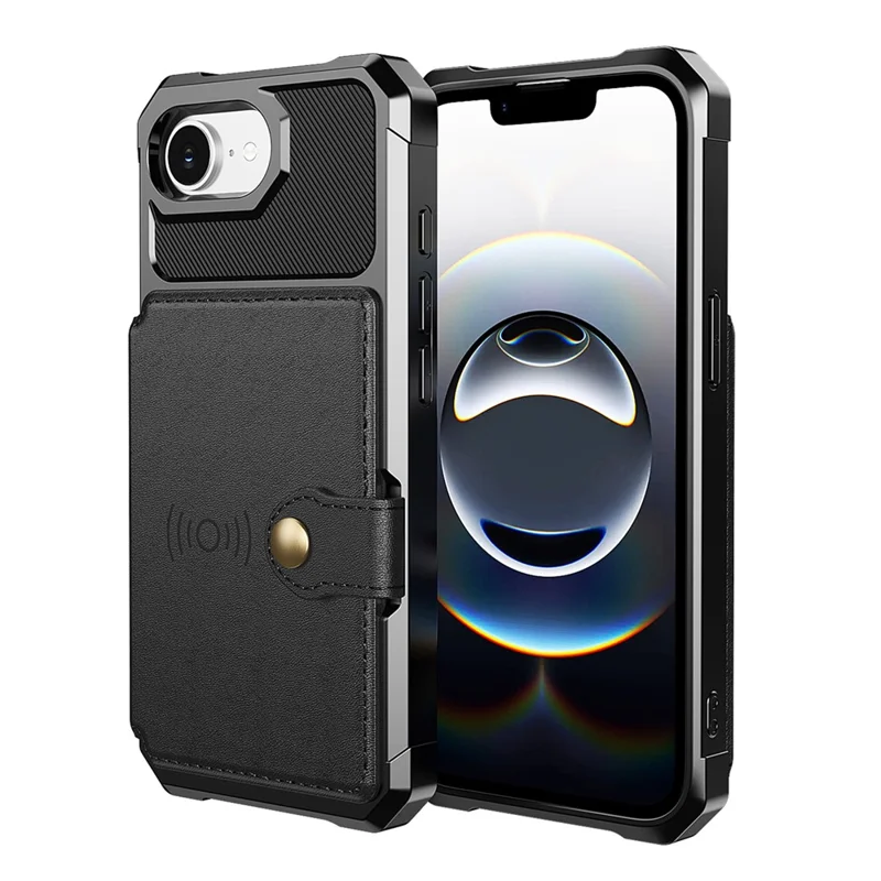 For iPhone 16e Case with Card Holder PU Leather + TPU Phone Back Cover - Black