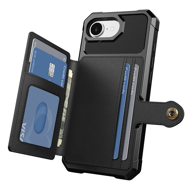 For iPhone 16e Case with Card Holder PU Leather + TPU Phone Back Cover - Black