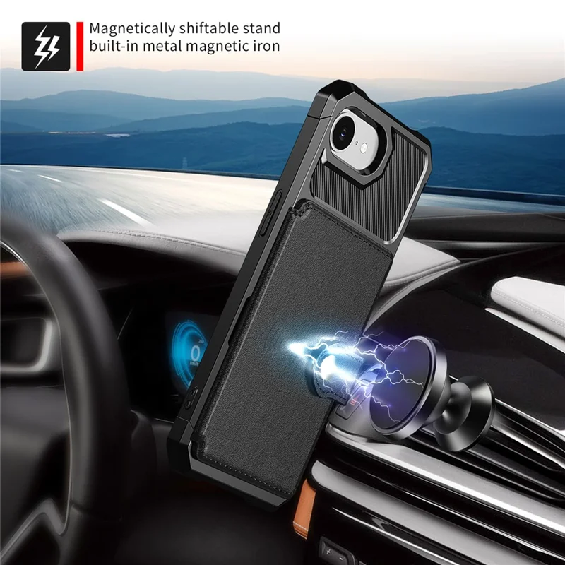 For iPhone 16e Case with Card Holder PU Leather + TPU Phone Back Cover - Black