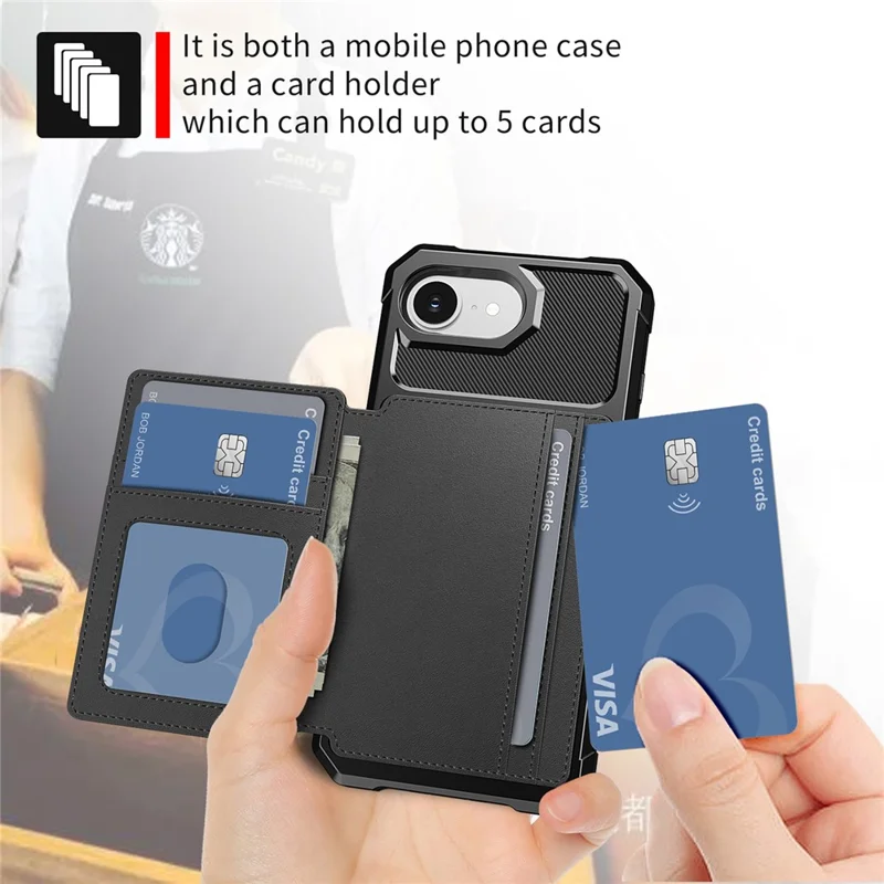 For iPhone 16e Case with Card Holder PU Leather + TPU Phone Back Cover - Black