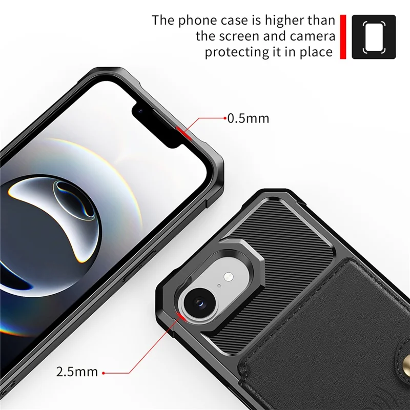 For iPhone 16e Case with Card Holder PU Leather + TPU Phone Back Cover - Black