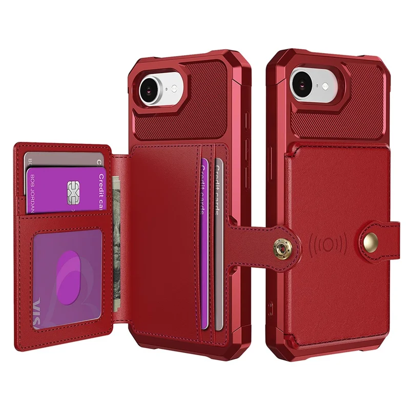 For iPhone 17e / 16e Case with Card Holder PU Leather + TPU Phone Back Cover - Red