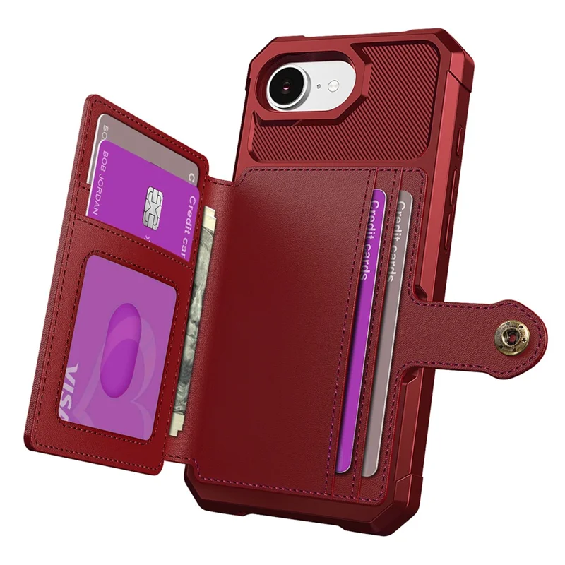 For iPhone 17e / 16e Case with Card Holder PU Leather + TPU Phone Back Cover - Red