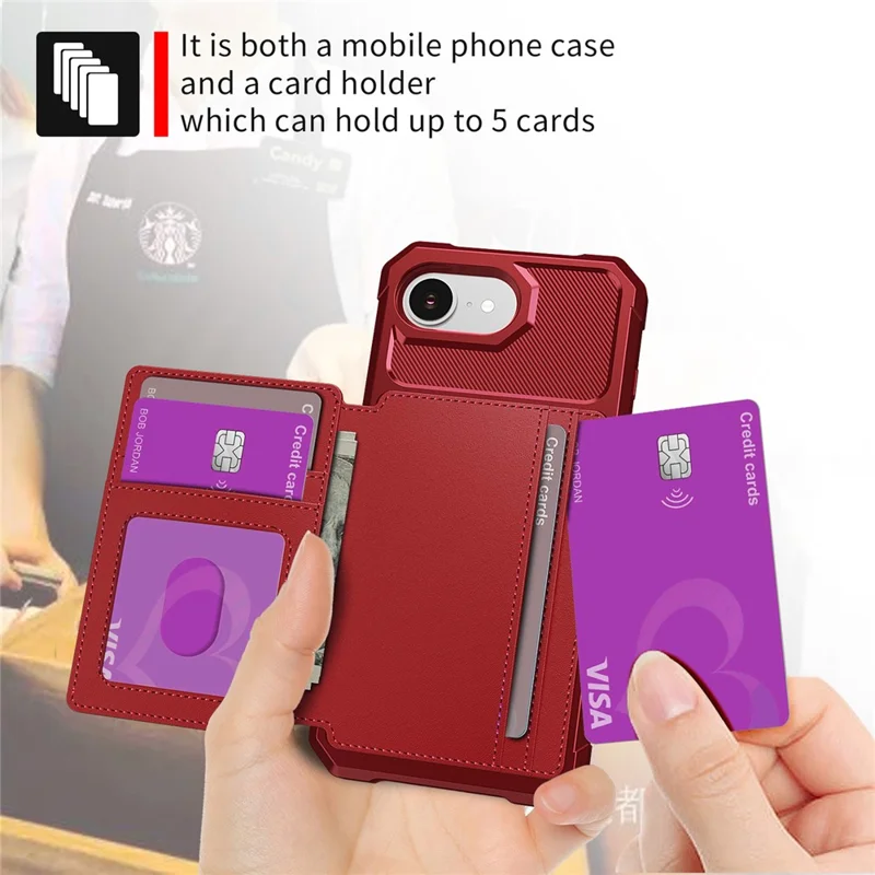 For iPhone 17e / 16e Case with Card Holder PU Leather + TPU Phone Back Cover - Red