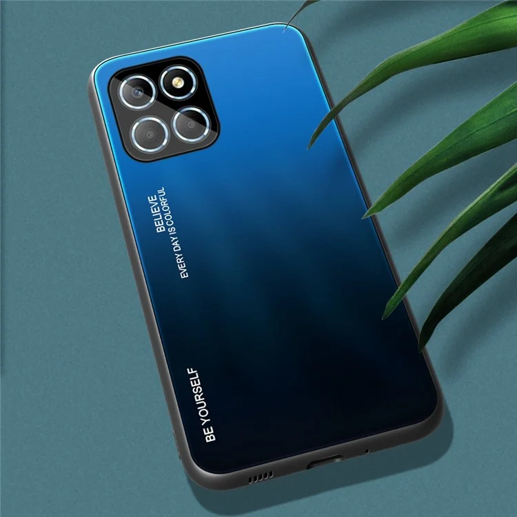 Pour Honor X8 5G Gradient Color Back Cover Hard Tempered Glass PC Back Soft TPU Frame Shockproof Protective Phone Case - Bleu / Noir