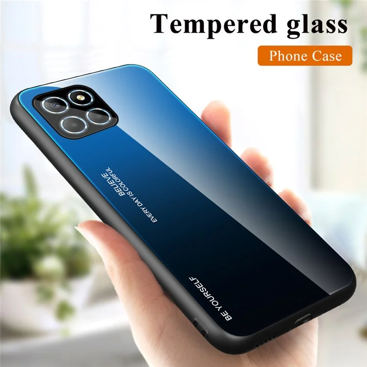 Pour Honor X8 5G Gradient Color Back Cover Hard Tempered Glass PC Back Soft TPU Frame Shockproof Protective Phone Case - Bleu / Noir