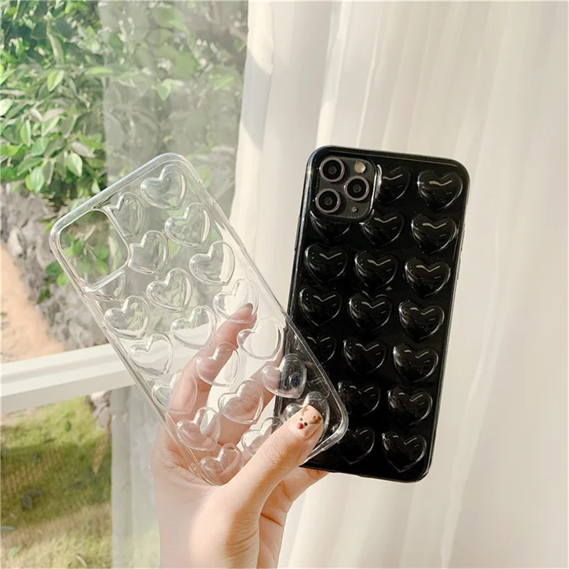 For iPhone 15 Pro Max Case 3D Heart Pattern Hard PC Shockproof Phone Cover - Black