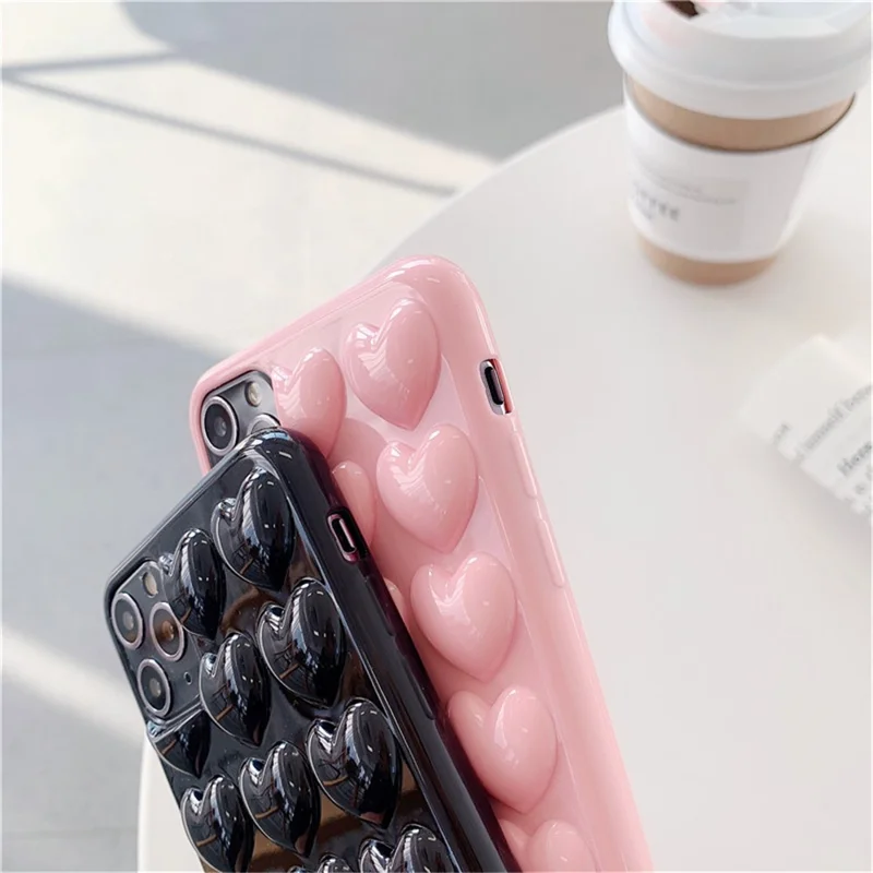 For iPhone 15 Pro Max Case 3D Heart Pattern Hard PC Shockproof Phone Cover - Black