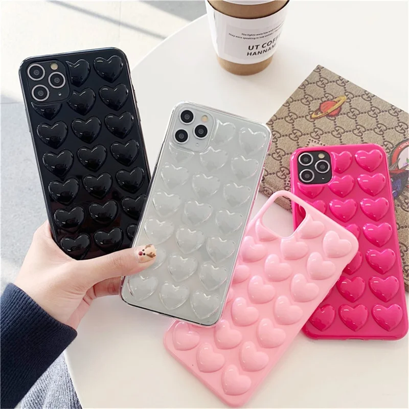 For iPhone 15 Pro Max Case 3D Heart Pattern Hard PC Shockproof Phone Cover - Black