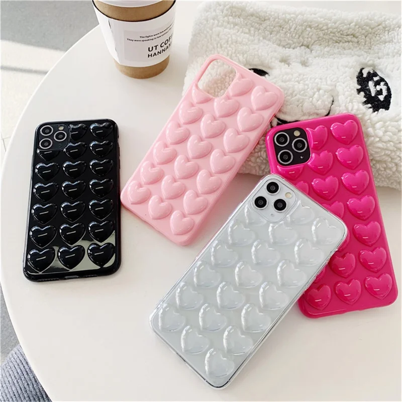 For iPhone 15 Pro Max Case 3D Heart Pattern Hard PC Shockproof Phone Cover - Black