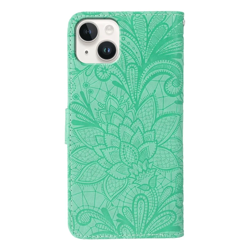 For iPhone 15 Case Lace Flowers PU Leather Flip Wallet Phone Cover - Green