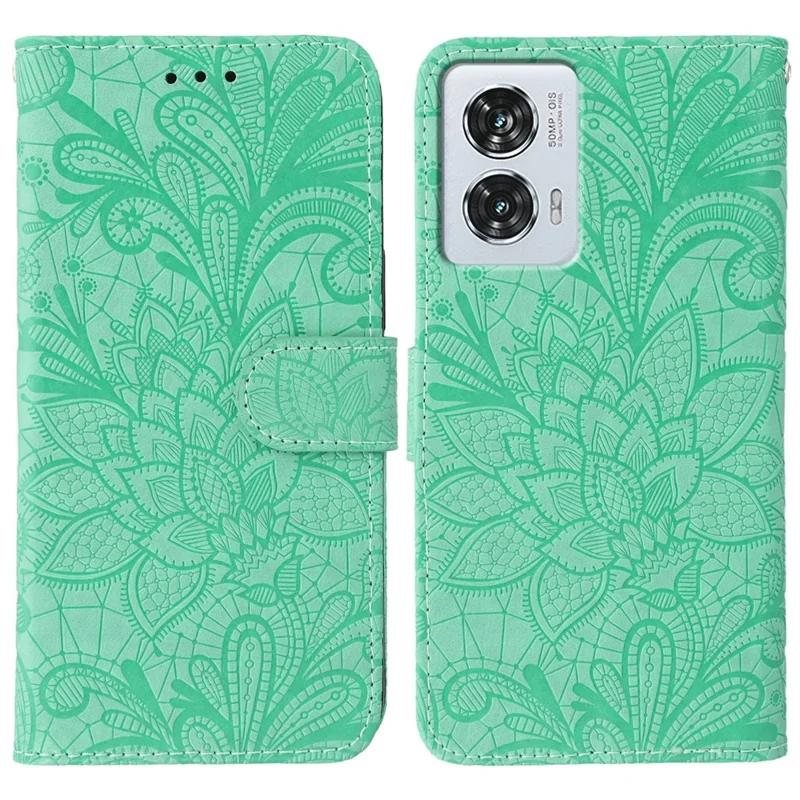 For Motorola Edge 50 Fusion 5G Case Lace Flowers PU Leather Flip Wallet Phone Cover - Green