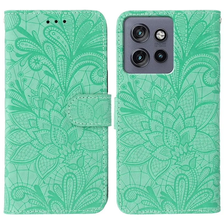Étui portefeuille en cuir PU à rabat avec motif de dentelle fleurie pour Motorola Edge 50 Neo 5G - Vert