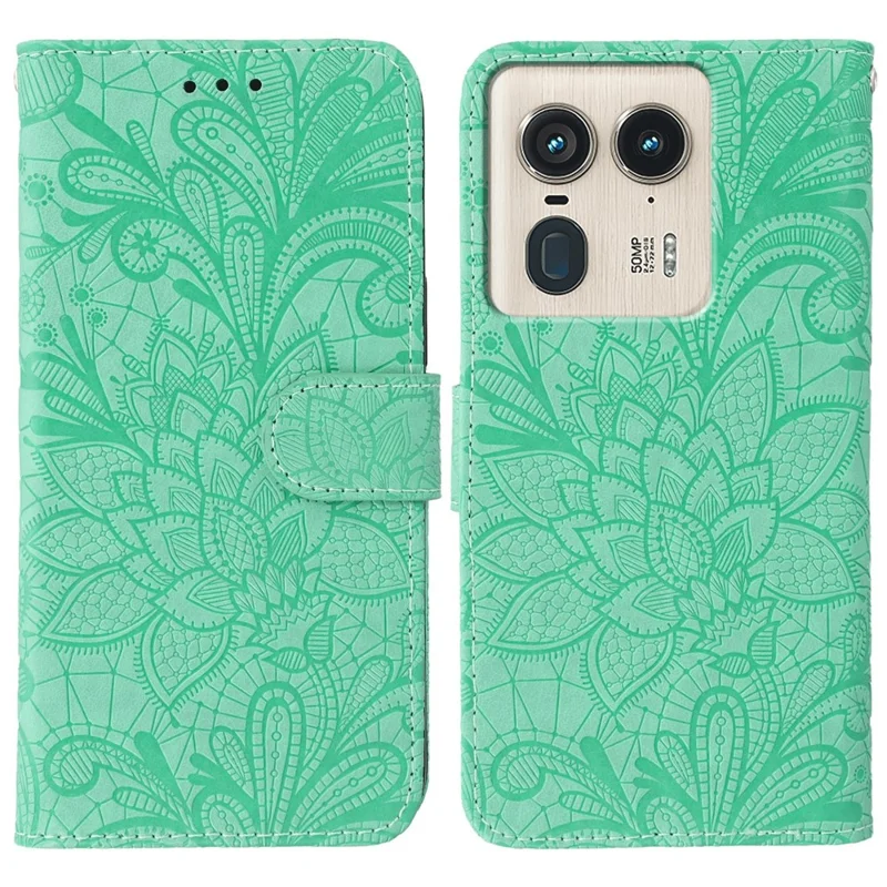 For Motorola Edge 50 Ultra 5G Case Lace Flowers PU Leather Flip Wallet Phone Cover - Green
