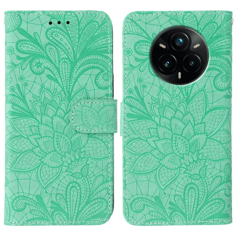 For Realme 14 Pro+ 5G Case Lace Flowers PU Leather Flip Wallet Phone Cover - Green