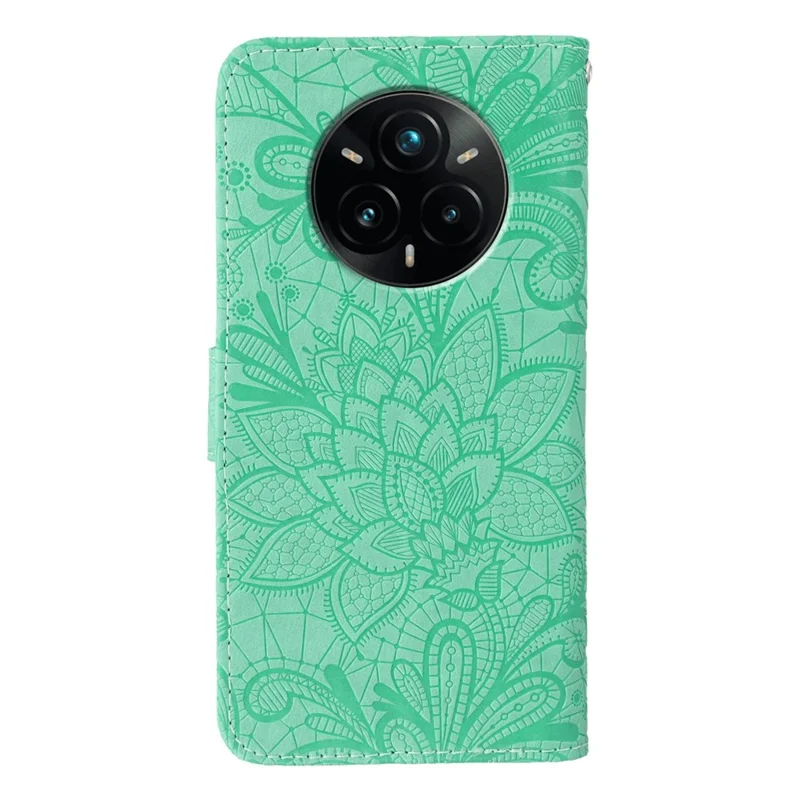 For Realme 14 Pro+ 5G Case Lace Flowers PU Leather Flip Wallet Phone Cover - Green