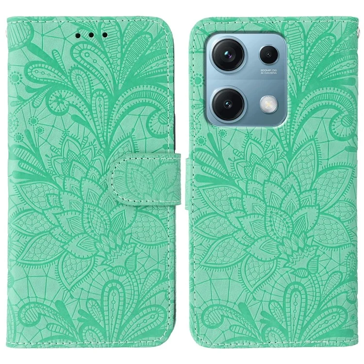 Capa para Xiaomi Redmi Note 14S 4G com Flores de Renda em Couro PU Flip Carteira - Verde