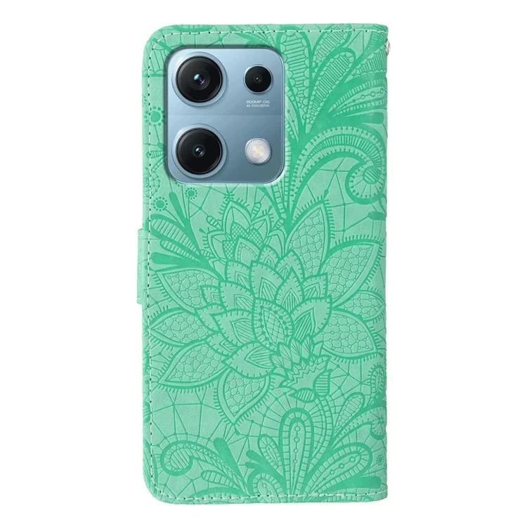 Capa para Xiaomi Redmi Note 14S 4G com Flores de Renda em Couro PU Flip Carteira - Verde
