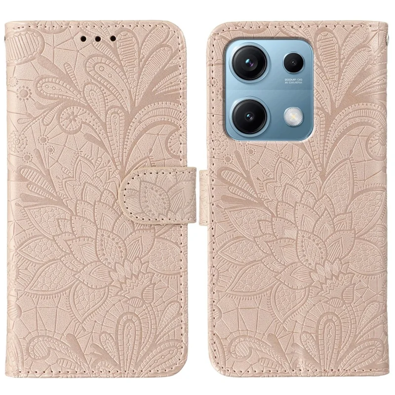 For Xiaomi Redmi Note 14S 4G / Note 13 Pro 4G / Poco M6 Pro 4G Case Lace Flowers PU Leather Flip Wallet Phone Cover - Rose Gold