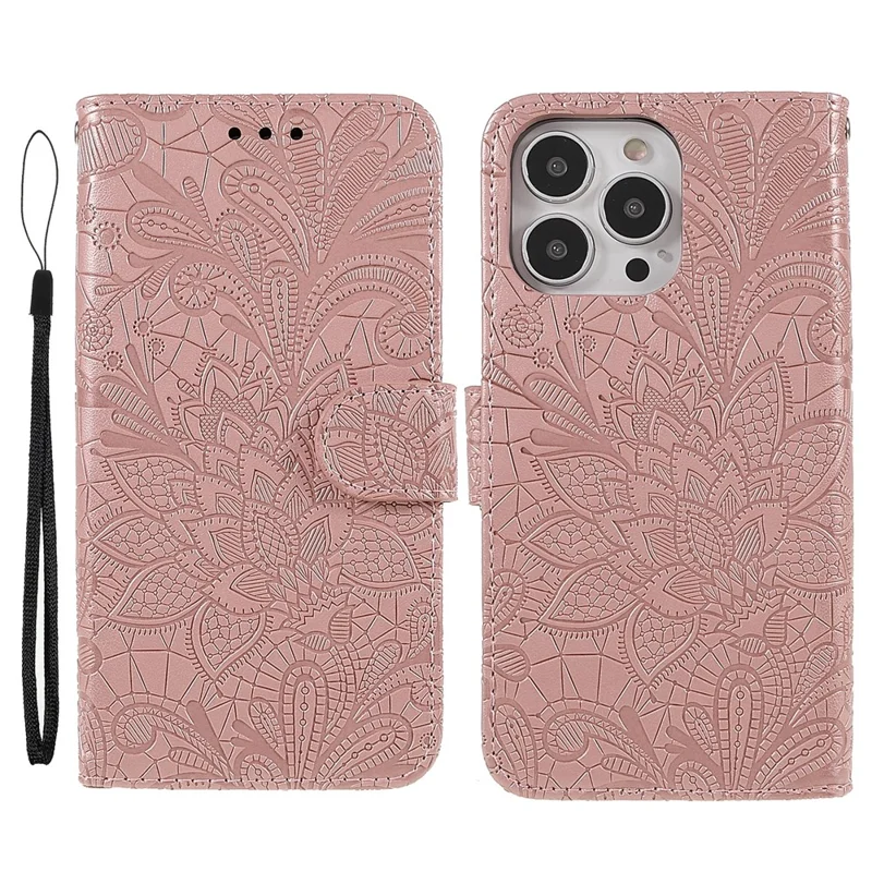 For iPhone 15 Pro Case Lace Flowers PU Leather Flip Wallet Phone Cover - Rose Gold