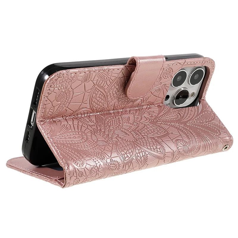 For iPhone 15 Pro Case Lace Flowers PU Leather Flip Wallet Phone Cover - Rose Gold
