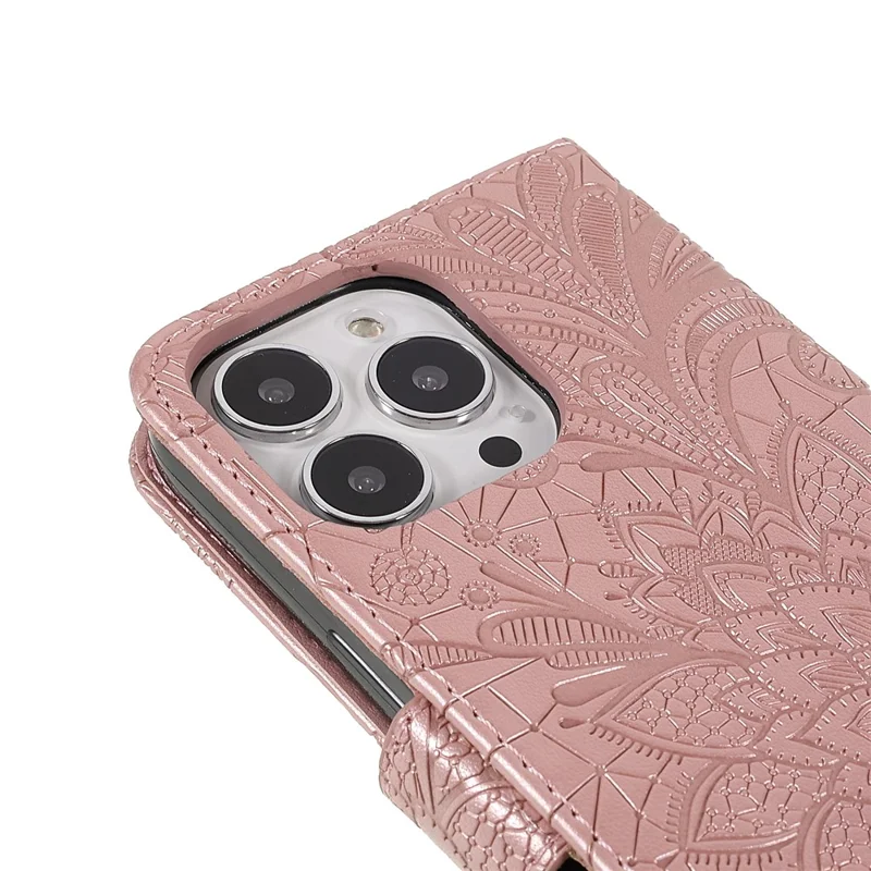 For iPhone 15 Pro Case Lace Flowers PU Leather Flip Wallet Phone Cover - Rose Gold