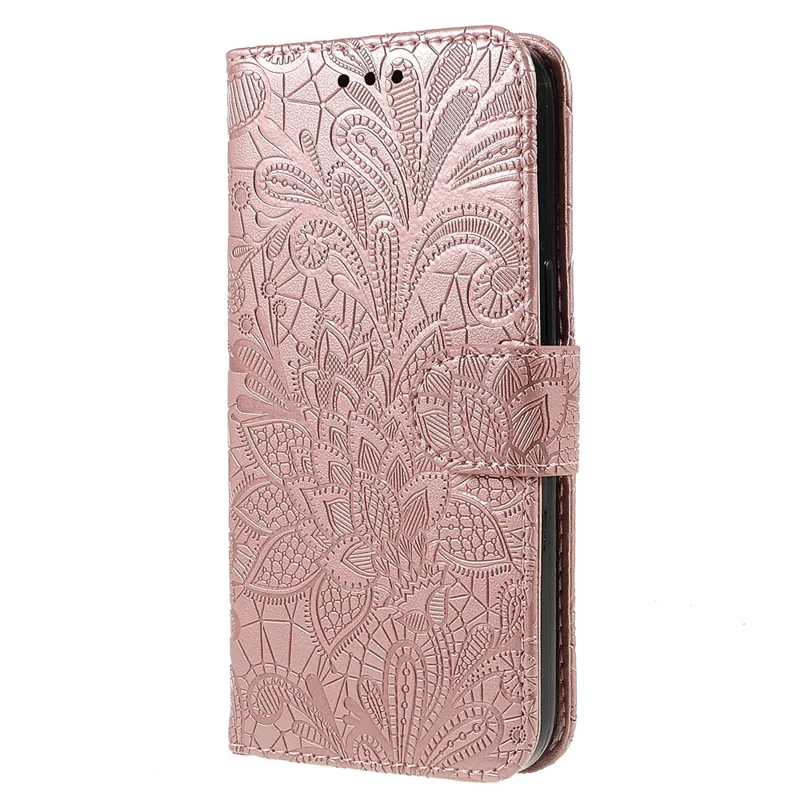 For iPhone 15 Pro Case Lace Flowers PU Leather Flip Wallet Phone Cover - Rose Gold