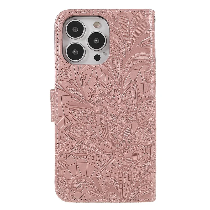 For iPhone 15 Pro Case Lace Flowers PU Leather Flip Wallet Phone Cover - Rose Gold